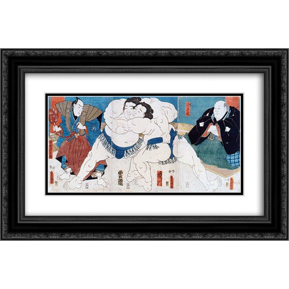 Utagawa Kunisada 2x Matted 24x16 Black Ornate Framed Art Print 'Sumo'