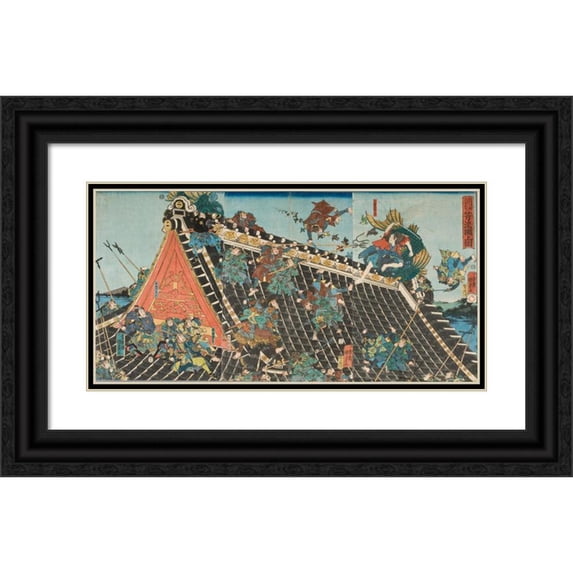 Utagawa Kunisada II 14x9 Black Ornate Wood Framed Double Matted Museum Art Print Titled: Battle on Roof of Horyukaku, from the Play ‘Tale of the Eight Dogs’ (Hakkenden) (1854)