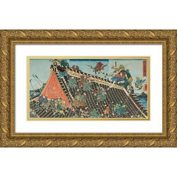 Utagawa Kunisada II 24x14 Gold Ornate Framed and Double Matted Museum Art Print Titled - Battle on Roof of Horyukaku, from the Play ‘Tale of the Eight Dogs’ (Hakkenden) (1854)