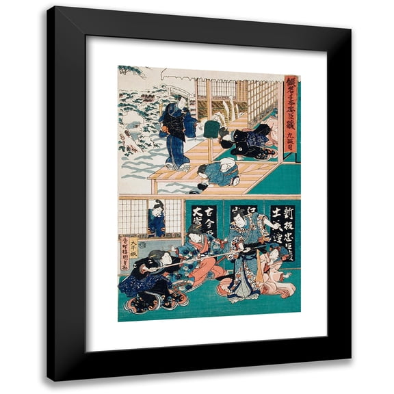 Utagawa Kunisada (Toyokuni III) 11x14 Black Modern Framed Museum Art Print Titled - Act IX; Oishi Disguises Yuranosuke as a Komuso (Flute-Playing Monk); Oishi Attacks Honzo for Having Brought About E