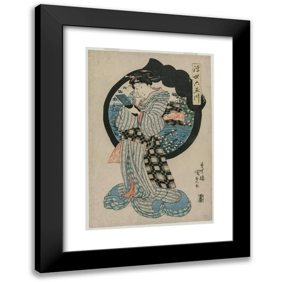 Utagawa Kunisada (Toyokuni III) 11x14 Black Modern Framed Museum Art Print Titled - Woman with a Hand Mirror from the Series the Six Tama Rivers of the Floating World (C. Early 1830s)