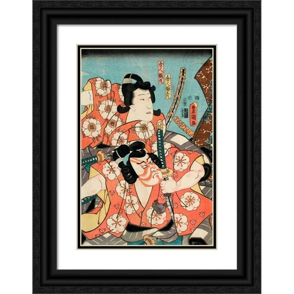 Utagawa Kunisada (Toyokuni III) 13x18 Black Ornate Wood Framed Double Matted Museum Art Print Titled - Toneri Umeomaru and Toneri Sakuramaru from the Play Sugawara Denju Tenari Kagami (