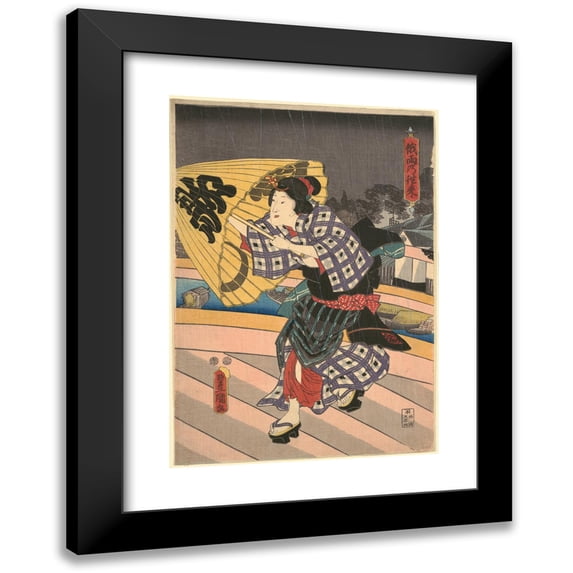 Utagawa Kunisada (Toyokuni III) 14x18 Black Modern Framed Museum Art Print Titled - Rainy Scene on a Bridge (Ame No to No Sue) (ca. 1849-1853)