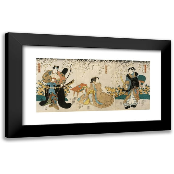 Utagawa Kunisada (Toyokuni III) 14x9 Black Modern Framed Museum Art Print Titled - Actors in the Roles of Shimada Shigesaburo, Kugyo Ama Jitsuwa Takao and Sakingo Yorikane Under Cherry Bloss