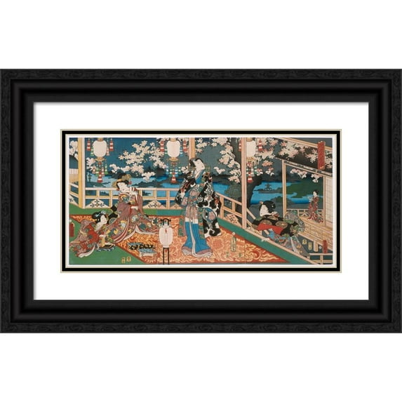 Utagawa Kunisada (Toyokuni III) 14x9 Black Ornate Wood Framed Double Matted Museum Art Print Titled: Night Visage of the Flower Genji (1861)