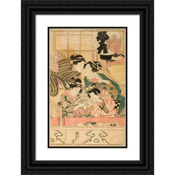 Utagawa Kunisada (Toyokuni III) 17x24 Black Ornate Framed Double Matted Museum Art Print Titled: Young Women in a Theater Balcony (circa 1820s)