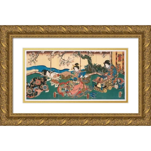 Utagawa Kunisada (Toyokuni III) 18x11 Gold Ornate Wood Frame and Double Matted Museum Art Print Titled - Reading (circa 1847-1852)