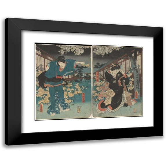 Utagawa Kunisada (Toyokuni III) 18x14 Black Modern Framed Museum Art Print Titled - Actors in the Roles of Ohatsu and Iwafuji (ca. 1840)