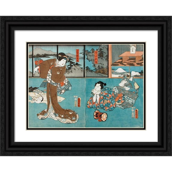 Utagawa Kunisada (Toyokuni III) 24x18 Black Ornate Framed Double Matted Museum Art Print Titled: Actors in the Roles of Toriyama Shusaku and Uba Akishino (1853)