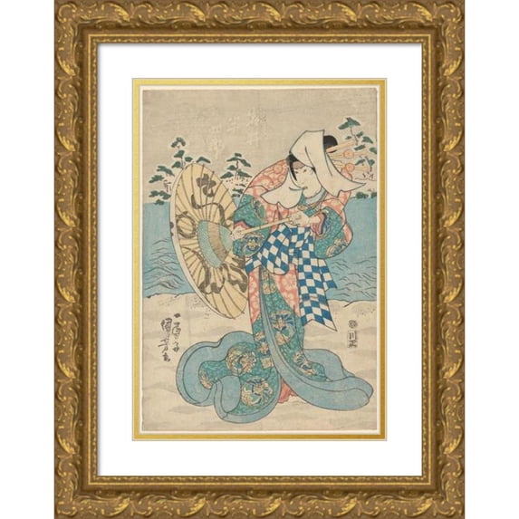 Utagawa Kuniyoshi 14x18 Gold Ornate Wood Frame and Double Matted Museum Art Print Titled - Snow Scene; Female Figure (In Flowing Blue, Green, and Pink Robe) (19th Century)