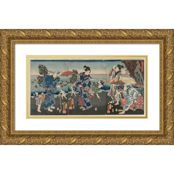 Utagawa Kuniyoshi 14x9 Gold Ornate Wood Frame and Double Matted Museum Art Print Titled - Sunrise at Futami Bay (1854)