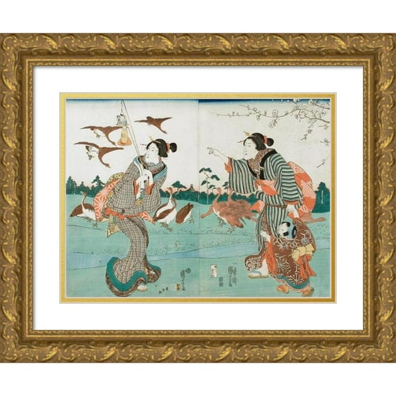 Utagawa Kuniyoshi 18x14 Gold Ornate Wood Frame and Double Matted Museum Art Print Titled - View of Yanagishima in Spring (1860)