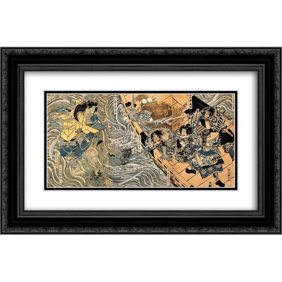 Utagawa Kuniyoshi 2x Matted 24x16 Black Ornate Framed Art Print 'The ghost of Taira Tomomori'