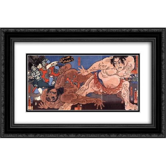 Utagawa Kuniyoshi 2x Matted 24x16 Black Ornate Framed Art Print 'Wrestling'