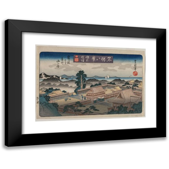 Utagawa Toyokuni II 14x11 Black Modern Framed Museum Art Print Titled - Eight Views of Famous Places: Evening Bell in Kamakura: the Mountains in Awa Province from the Hachiman Shrine in Tsur