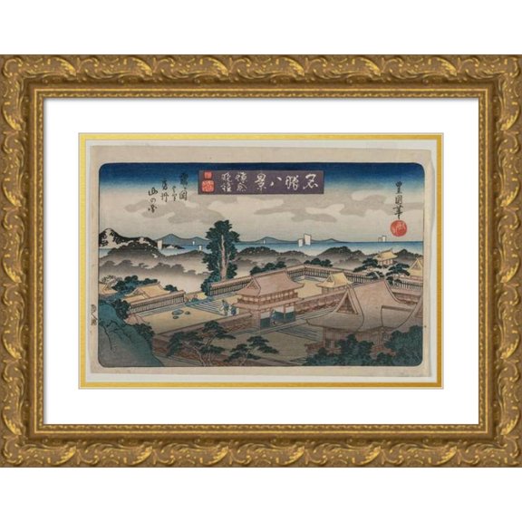 Utagawa Toyokuni II 24x18 Gold Ornate Framed and Double Matted Museum Art Print Titled - Eight Views of Famous Places: Evening Bell in Kamakura: the Mountains in Awa Province from the Hachim