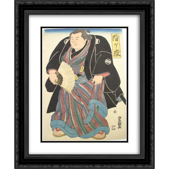 Utagawa Toyokuni II 2x Matted 20x24 Black Ornate Framed Art Print 'Sumo wrester in blue-brown striped underkimono'