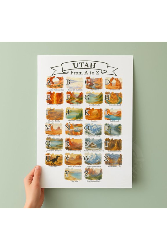 Utah A Z Alphabet State Symbols & Icons Travel Art Wall Decor