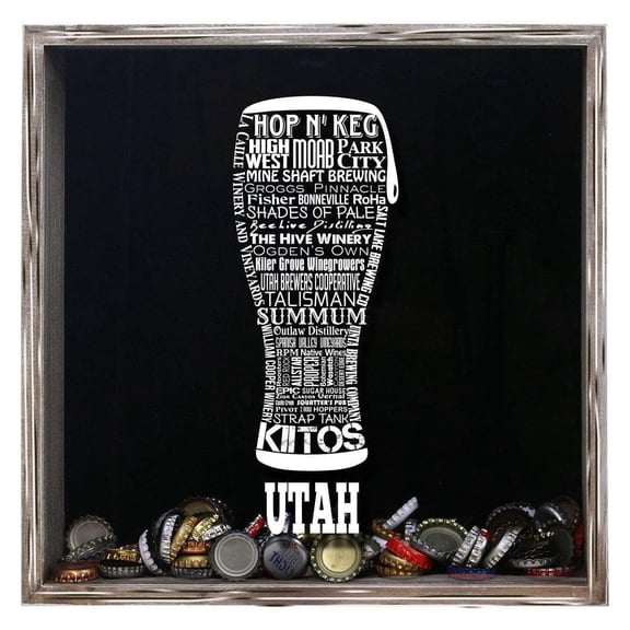 Torched Utah Beer Cap Typography Shadow Box Wall Mount Decor 13"x13"x3.5"Gray
