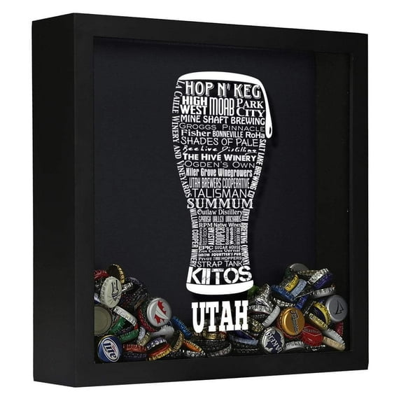 Torched Utah Beer Cap Typography Shadow Box Wall Mount Decor 13"x13"x3" Black