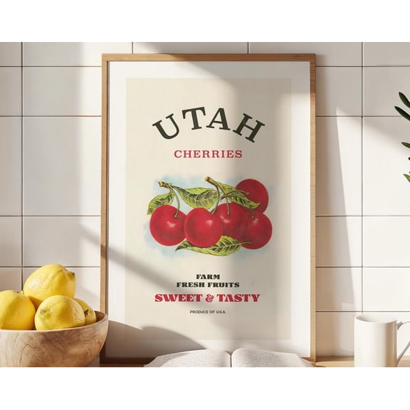 Utah Cherries Print Retro Kitchen Art Decor Farmhouse Cherries Kitchen Wall Art Retro Cherries Poster Kitchen Gift For Home Wall Art, Modern Wall Decor, 8x12 UNFRAMED