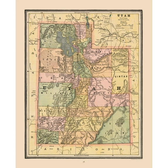 Historic State Map - Utah - Cram 1888 - Vintage Wall Art