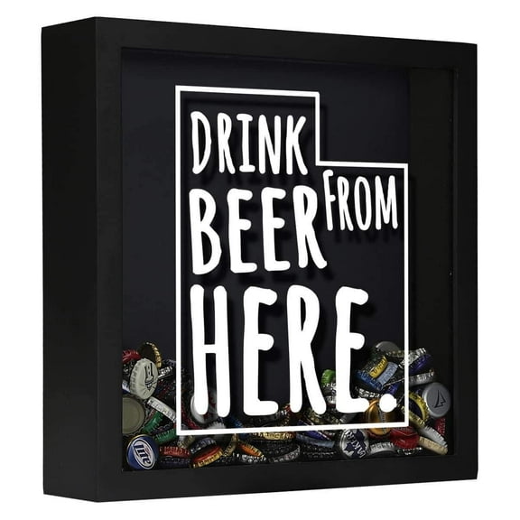 Torched Utah Beer Cap Typography Shadow Box Wall Mount Decor 13"x13"x3" Black