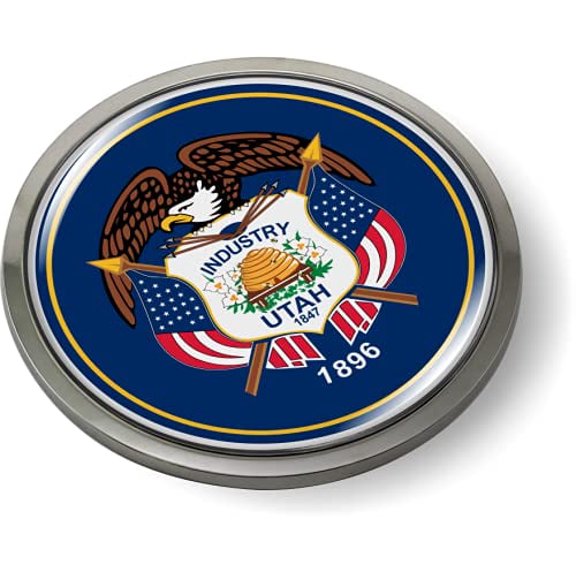 Utah Historic State Flag 3D Domed CAR Emblem Badge Sticker Chrome Metal Round Bezel