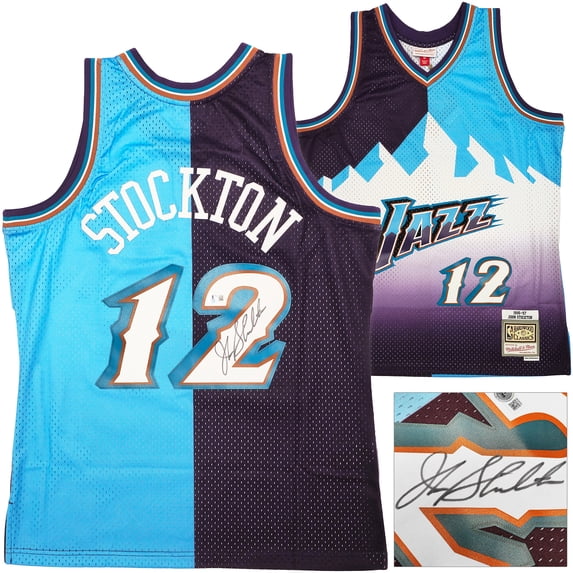 Utah Jazz John Stockton Autographed Blue & Purple Authentic Mitchell & Ness 1996-97 Hardwood Classic Swingman Split Jersey Size L Beckett BAS Witness 224340