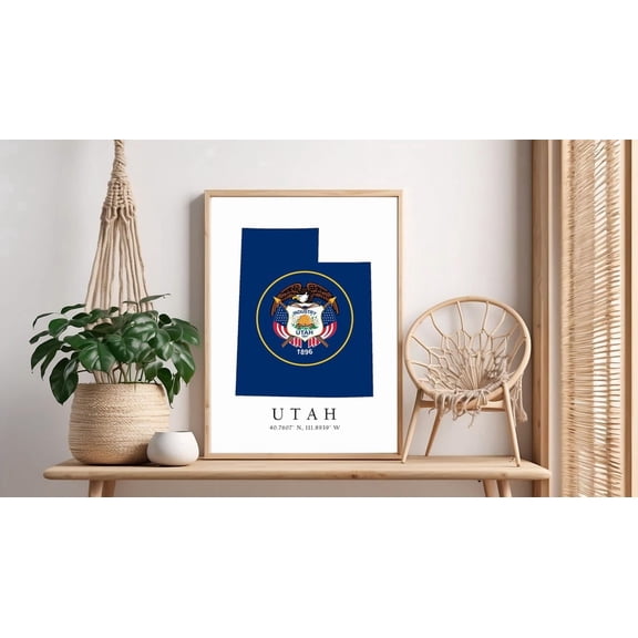 Utah Map Print State Flag Coordinates Wall Decor