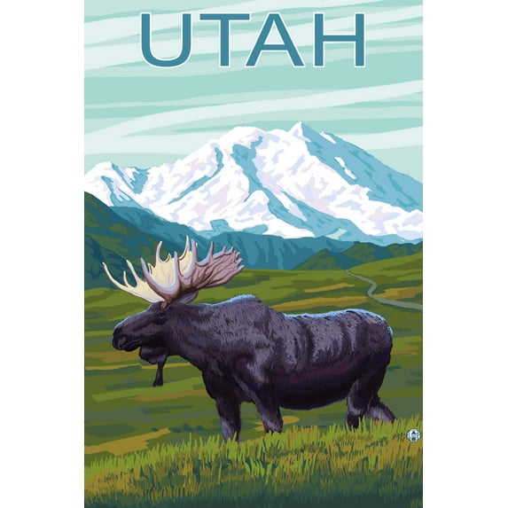 Utah, Moose and Snowy Mountain (24x36 Giclee Gallery Art Print, Vivid Textured Wall Decor)