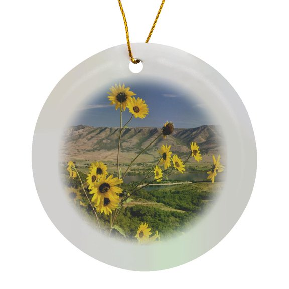 3drose, Utah, Ogden. Sunflowers Above Pineview Reservoir - Us45 Tdr0039 - Trish Drury, Circle Porcelain Ornament