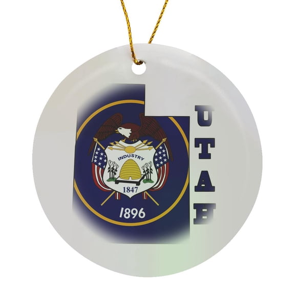 3drose, Utah State Flag in the Outline Map and Letters for Utah, Circle Porcelain Ornament