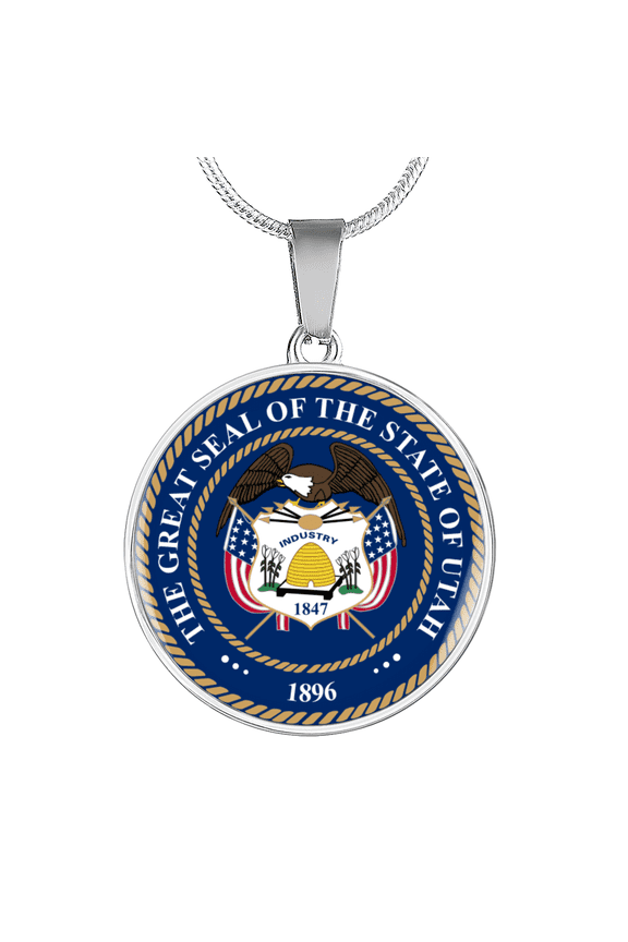 Utah State Seal Circle Pendant Necklace Stainless Steel 24 Inch Chain Silver Tone or Gold Tone