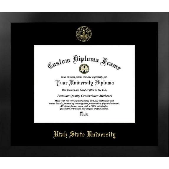 Utah State University 11w x 8.5h Manhattan Black Single Mat Gold Embossed Diploma Frame with Bonus Campus Images Lithograph (value savings at $59)