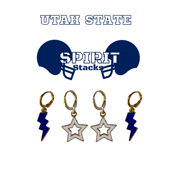 Utah State University Spirit Stack navy mini enamel bolts and white statement open starboys