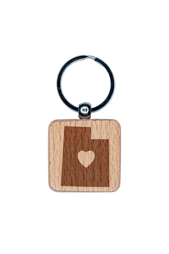 Utah State with Heart Square Keychain Charm Tag - Engraved Wood