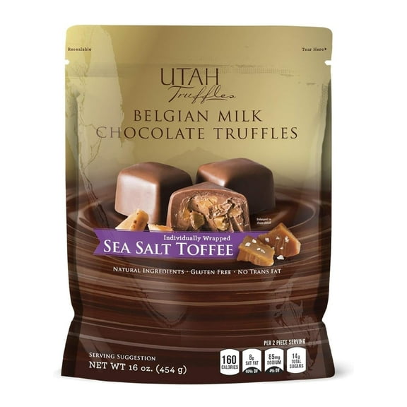 Utah Truffles Belgian Milk Chocolate Toffee Individually Wrapped Pouch, Naturally Gluten , Gourmet Smooth Creamy Natural Truffle, 16 oz, Approx. 32 pc