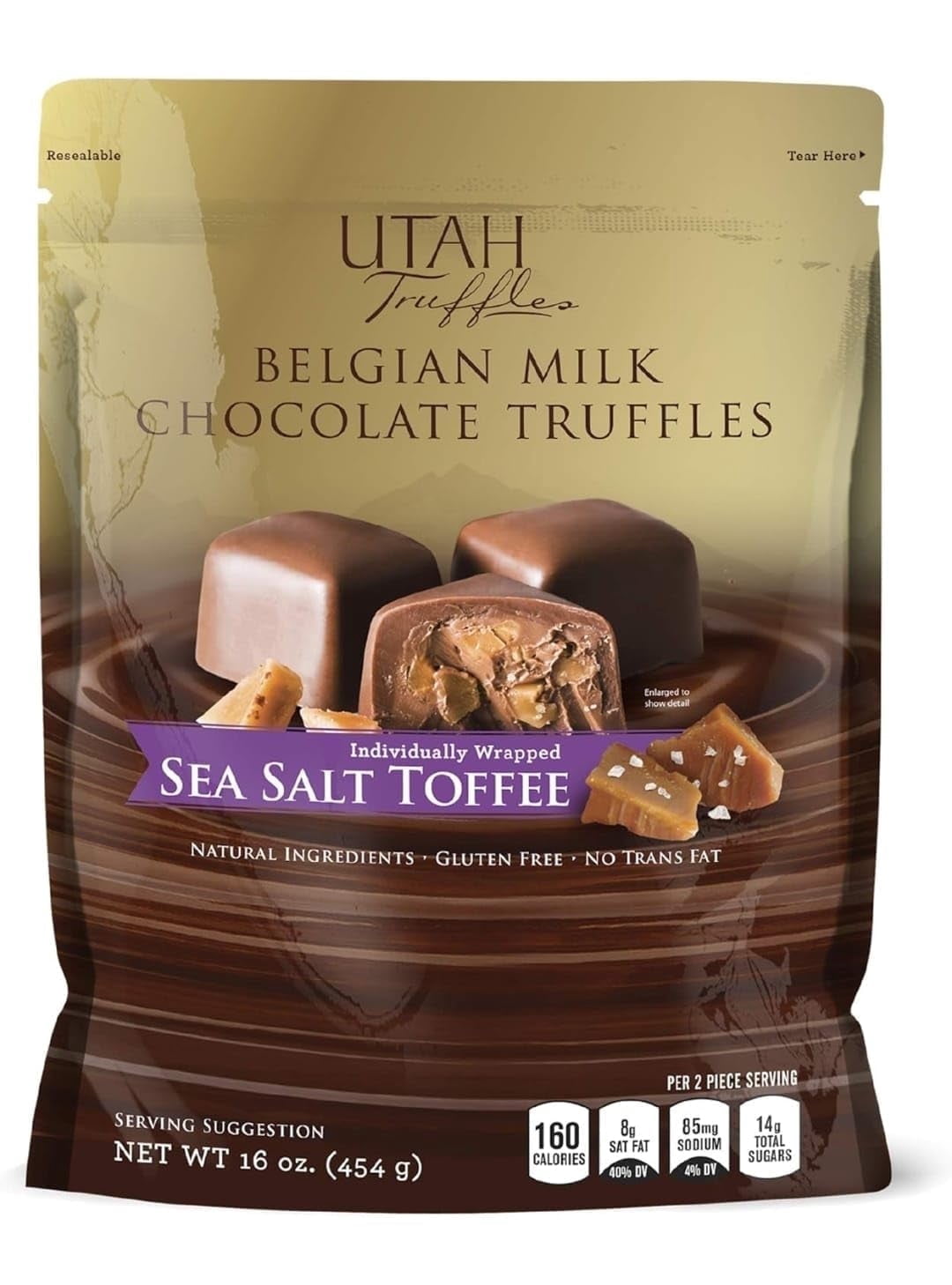 Utah Truffles Belgian Milk Chocolate Toffee Individually Wrapped Pouch, Naturally Gluten , Gourmet Smooth Creamy Natural Truffle, 16 oz, Approx. 32 pc