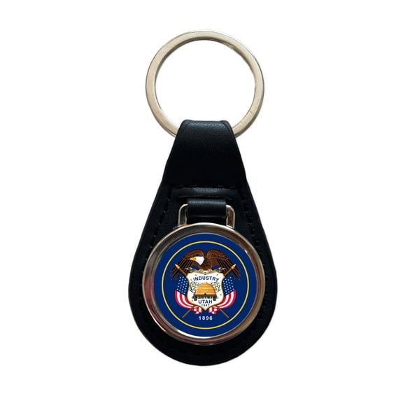Utah UT State Flag Metal Black Leather Keychain