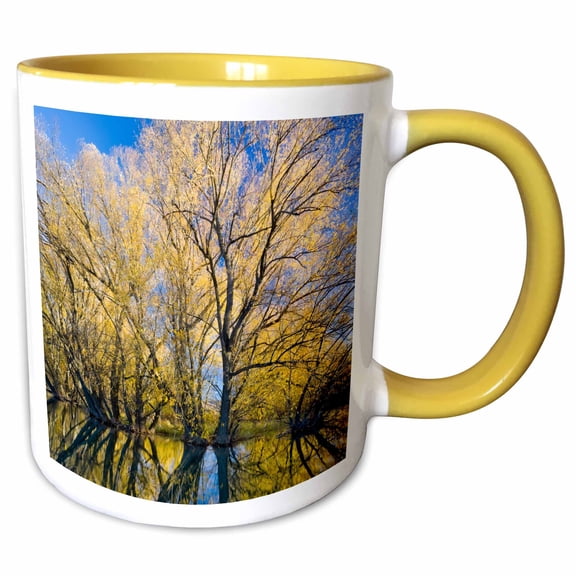 3drose, Utah, Usa, Peachleaf Willow Trees Reflected in Logan River., 11oz Two-tone Yellow Mug