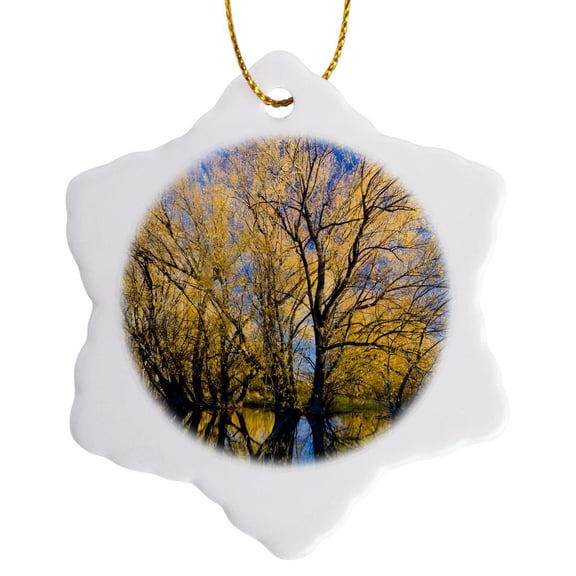 3drose, Utah, Usa, Peachleaf Willow Trees Reflected in Logan River., 3 inch Snowflake Porcelain Ornament