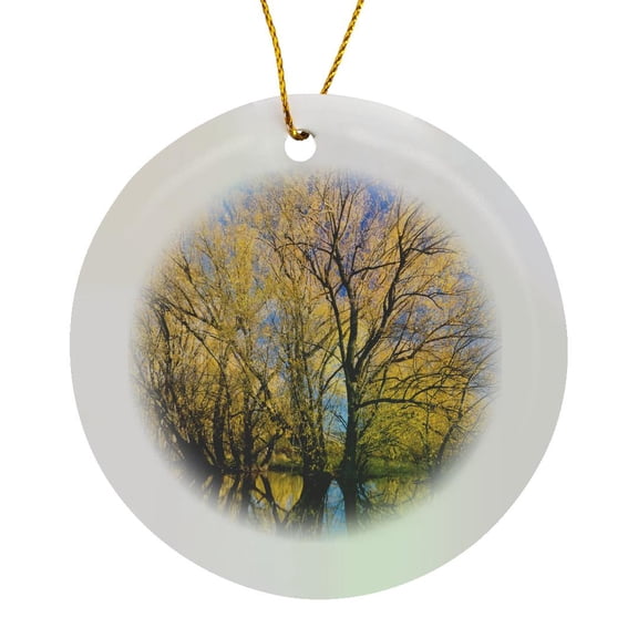 3drose, Utah, Usa, Peachleaf Willow Trees Reflected in Logan River., Circle Porcelain Ornament