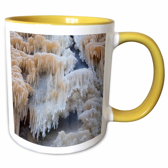 3drose, Utah, Zion National Park. Icicles and Frozen Waterfall in the Narrows, 11oz Two-tone Yellow Mug