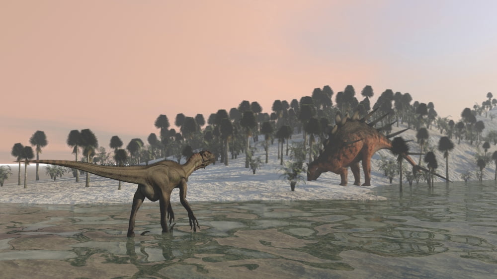 Utahraptor hunting a Kentrosaurus on the shores of a prehistoric environment Canvas Art - Kostyantyn IvanyshenStocktrek Images (19 x 11)