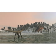 Utahraptor hunting a Kentrosaurus on the shores of a prehistoric environment Poster Print (18 x 10)