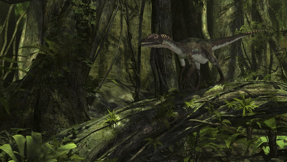 Utahraptor in a prehistoric forest Canvas Art - Kostyantyn IvanyshenStocktrek Images (38 x 22)