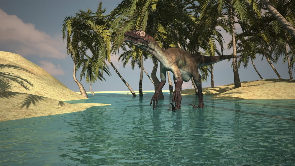 Utahraptor roaming a tropical environment Canvas Art - Kostyantyn IvanyshenStocktrek Images (19 x 11)