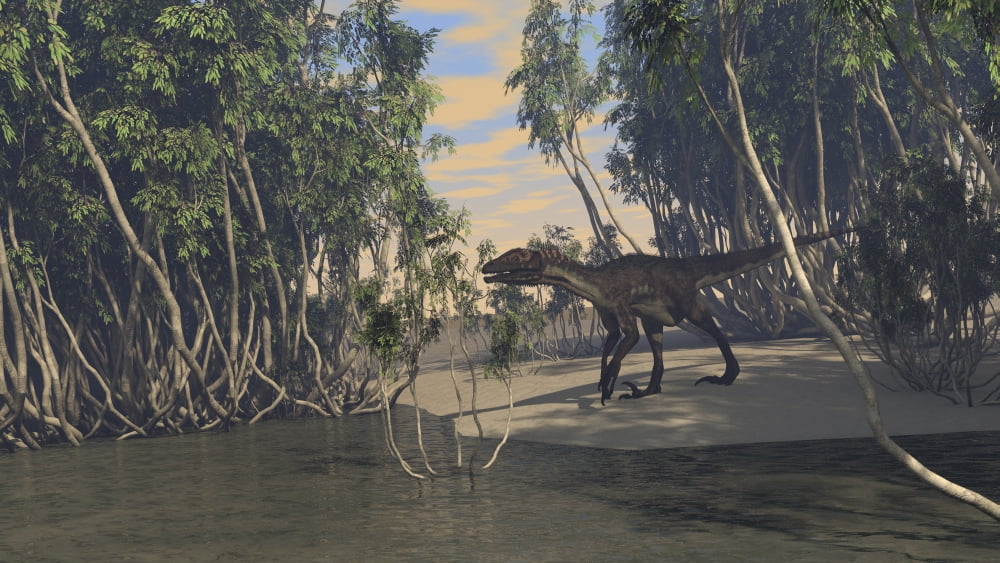 Utahraptor roaming prehistoric wetlands Canvas Art - Kostyantyn IvanyshenStocktrek Images (38 x 22)