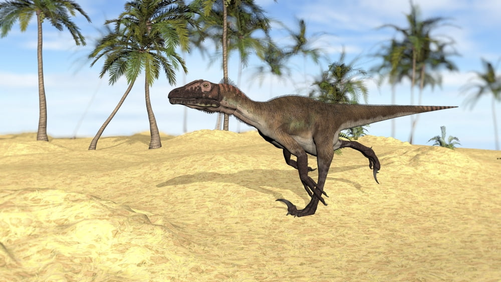 Utahraptor running across a barren landscape Canvas Art - Kostyantyn IvanyshenStocktrek Images (38 x 22)